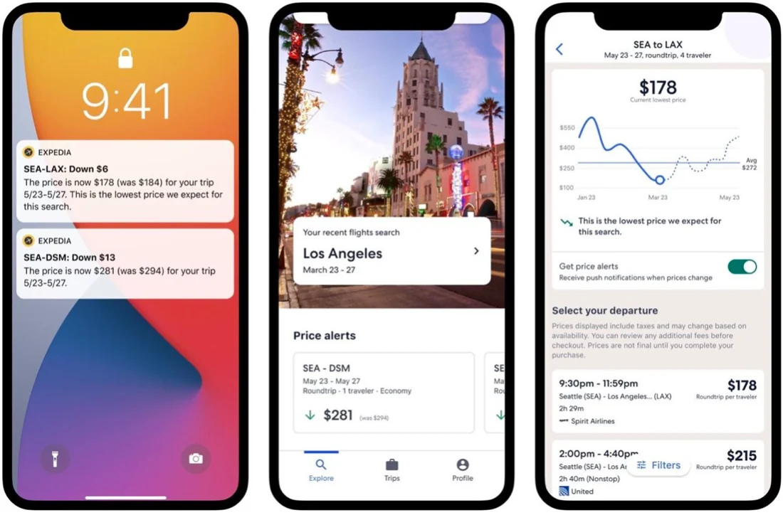 Expedia app screens. Two flight price-drop push notifications on a lock screen, a list of price alerts, and a flight search with a price-history chart and a Get price alerts toggle