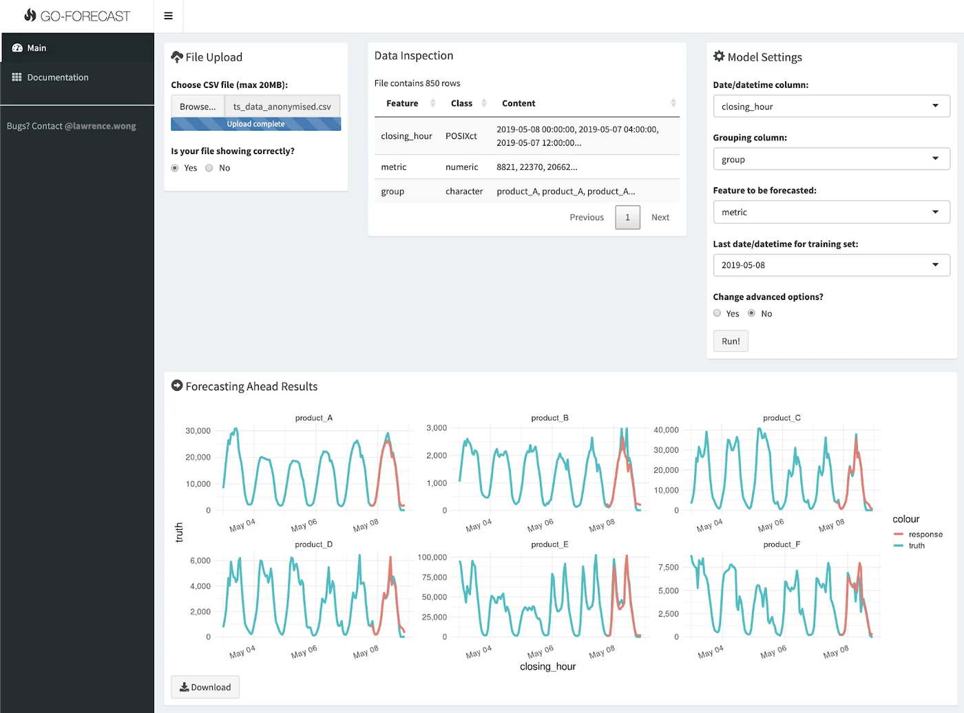 The GO-FORECAST web app with steps to upload a CSV, inspect the data, choose model settings and view forecasts for six series