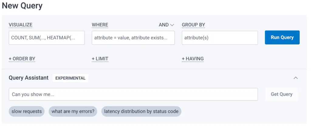 Honeycomb's query builder with the experimental Query Assistant box and suggested questions such as slow requests and what are my errors