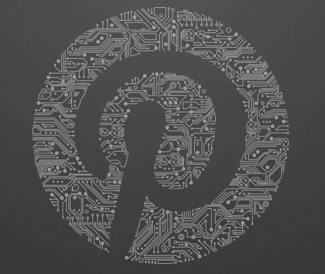 Pinterest logo rendered as a circuit board