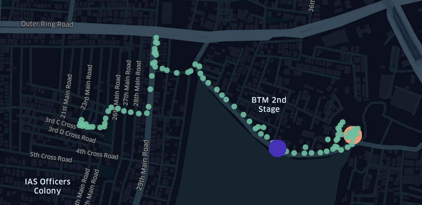 Swiggy's map of one delivery in Bengaluru's BTM 2nd Stage. Green dots trace the rider's route; a large purple circle partway along it marks where the rider tapped delivered; an orange circle at the end of the route marks the actual drop point.