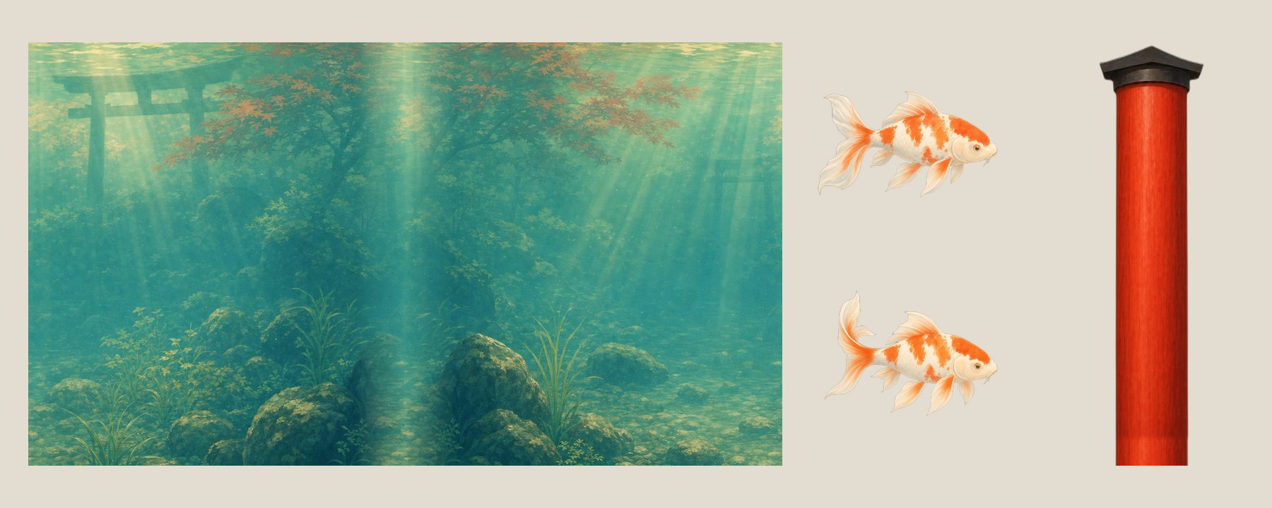 The painted v1 set: koi swim frames, torii post and pond