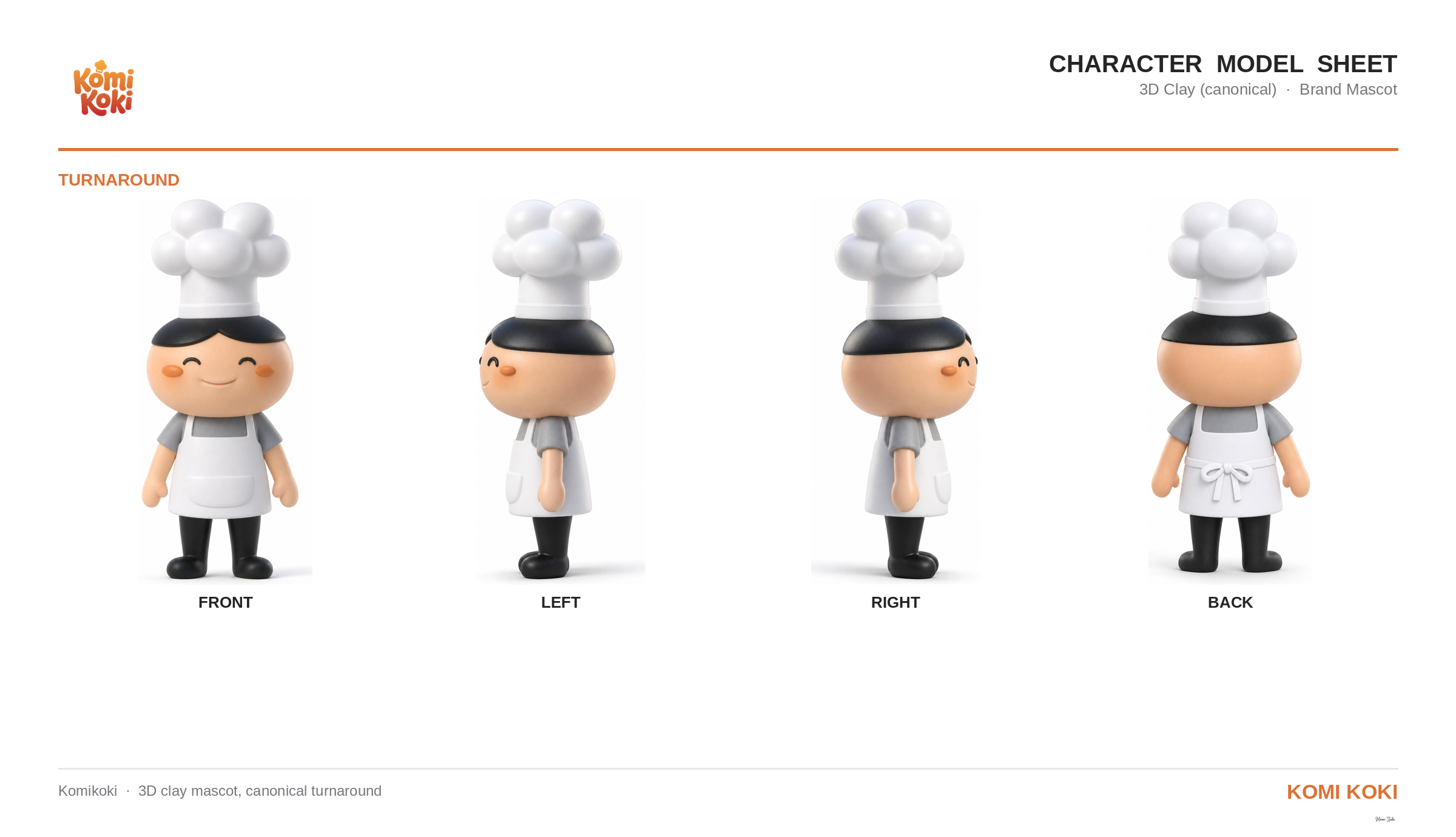 3D clay character sheet, Komi front, left, right, back turnaround and expression studies, claymation render.
