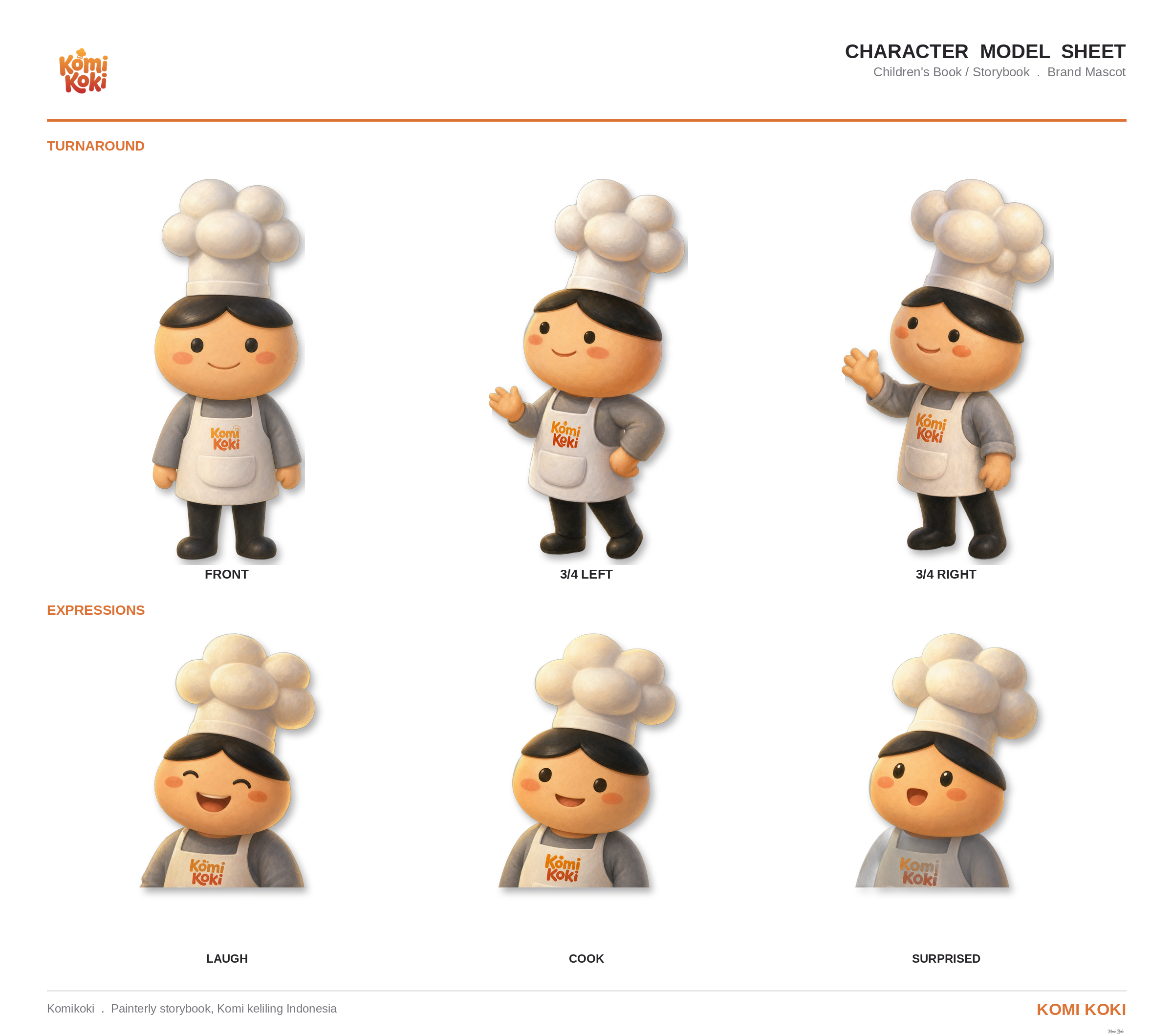 Children's book character sheet, painterly storybook Komi turnaround and expressions.