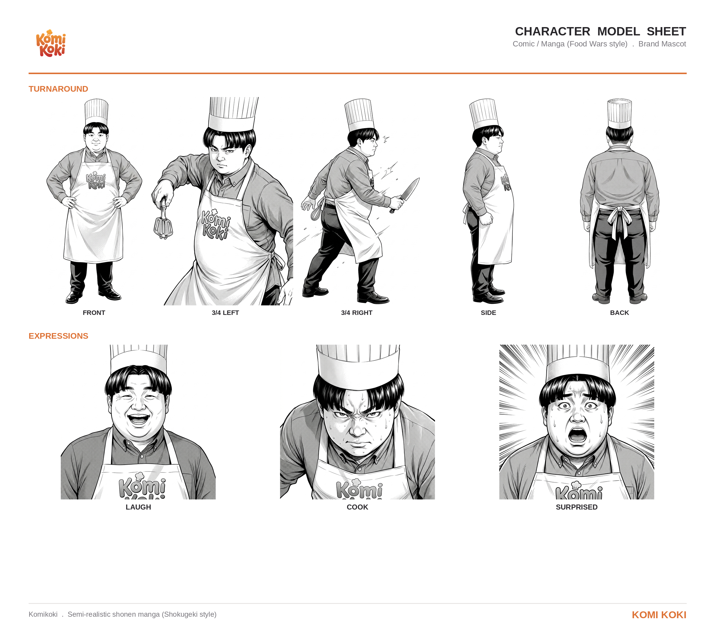 Manga character sheet, realistic Shokugeki shonen-style Komi turnaround and expressions.