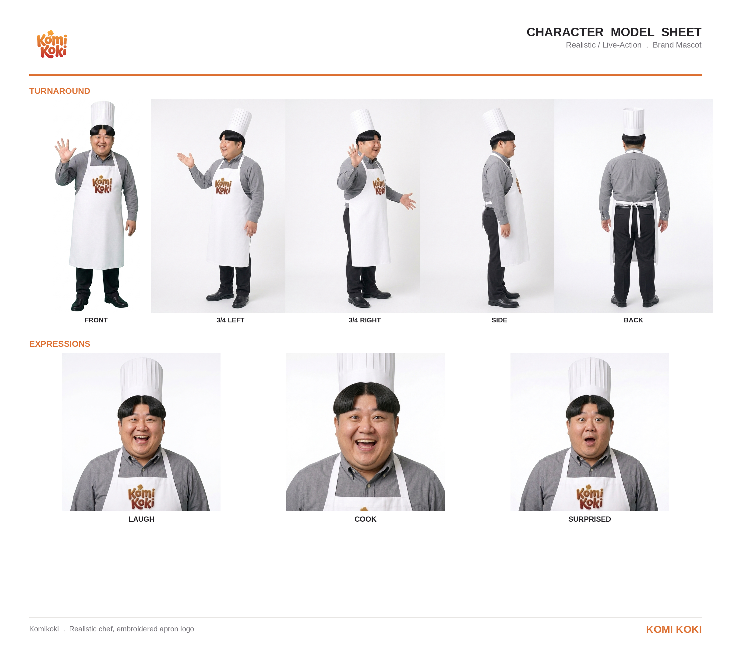Realistic character sheet, live-action chef Komi turnaround and expressions.