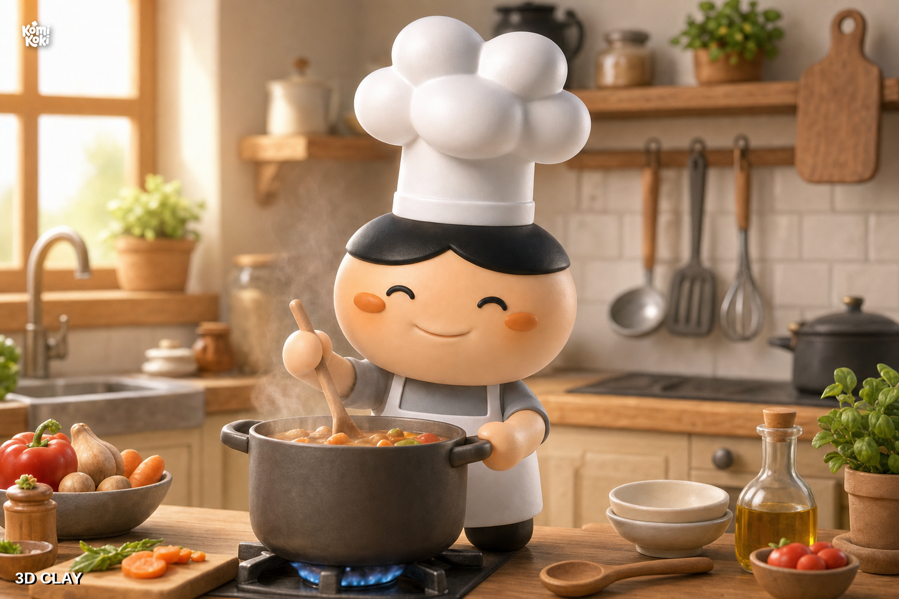 3D clay key visual, Komi cooking a steaming pot in a cozy kitchen, claymation render style.