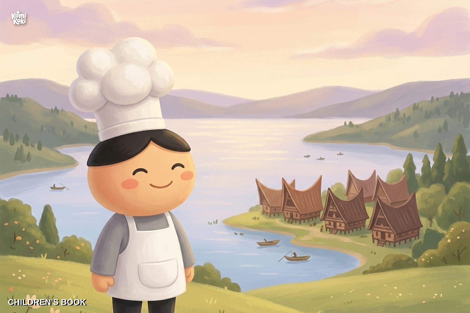 Children's book key visual, Komi at Lake Toba golden hour, painterly storybook style.