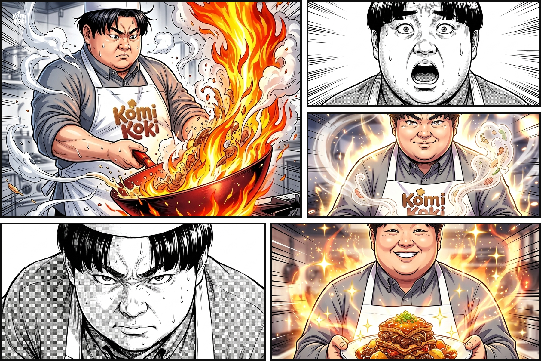 Manga key visual, Komi in a dramatic Shokugeki-style food-battle scene, realistic shonen manga.