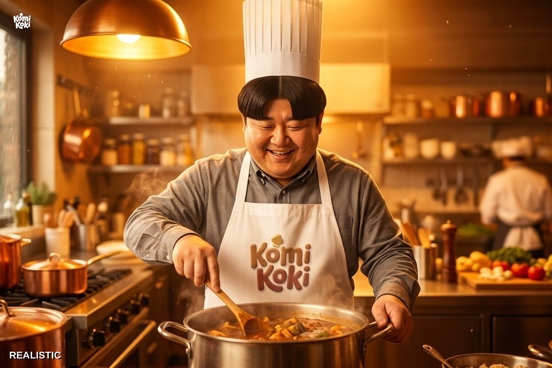 Realistic key visual, live-action chef Komi in context, photoreal style.