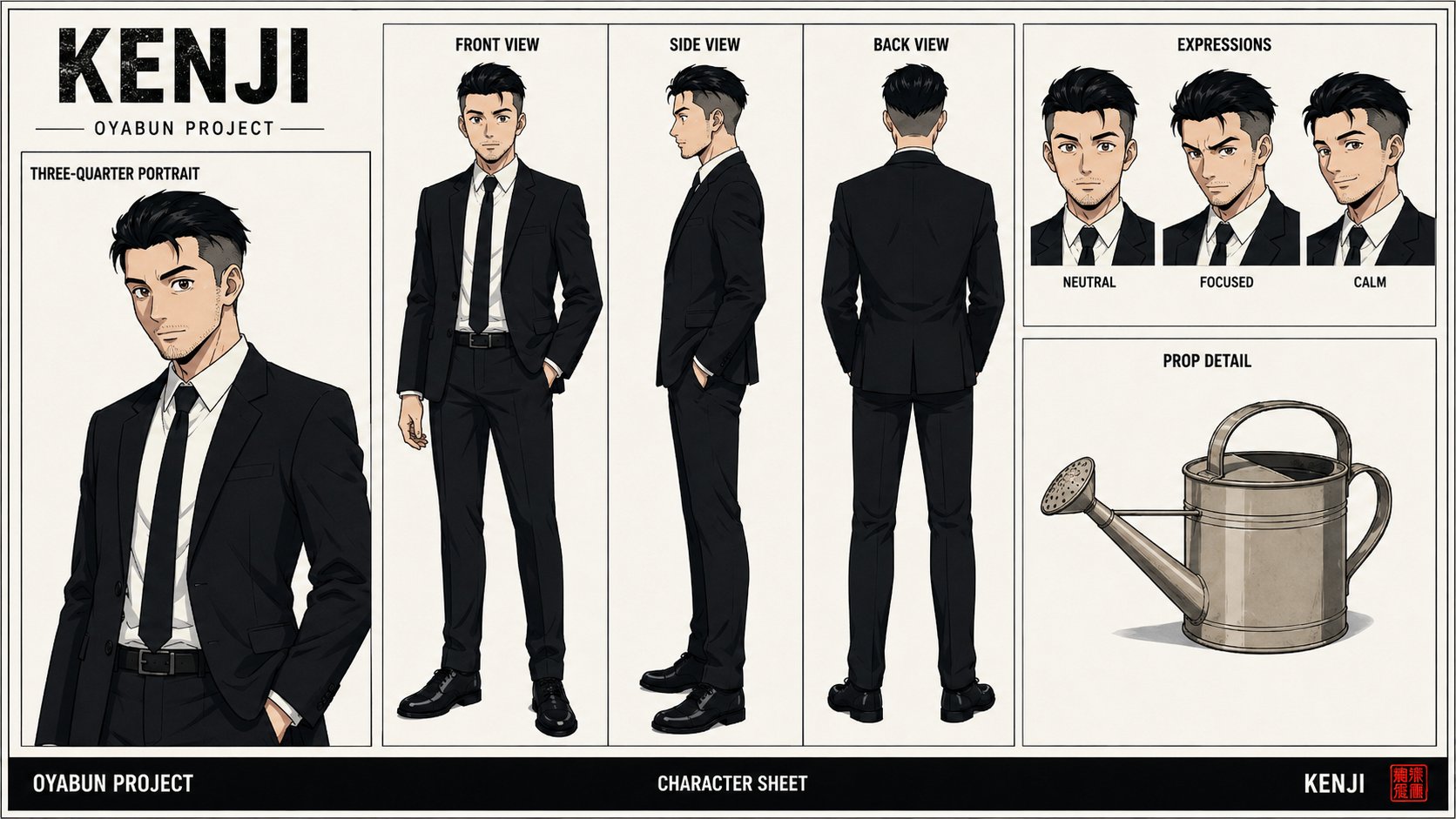 Kenji character sheet — Tetsuo's underling. Sharp undercut, black suit, watering can prop detail.
