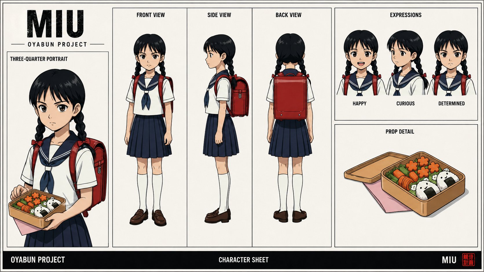 Miu character sheet — schoolgirl with twin braids, sailor uniform, red randoseru, bento box prop detail.
