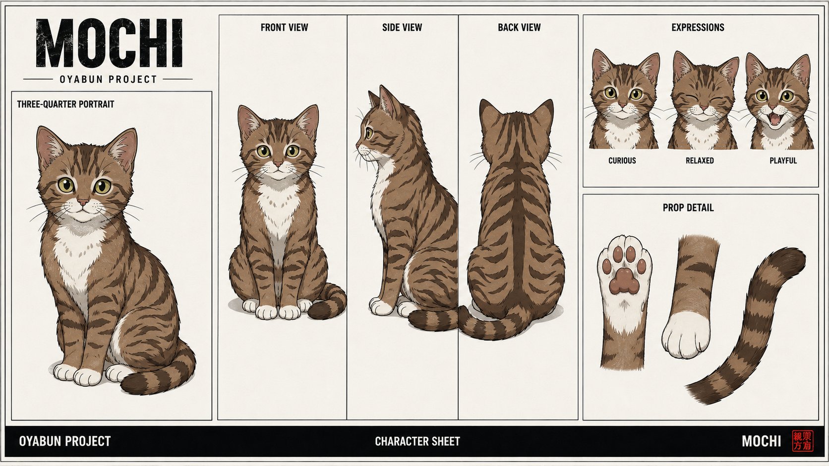 Mochi character sheet — the brown tabby cat. Front, side, back views, expression studies, paw and tail prop detail.