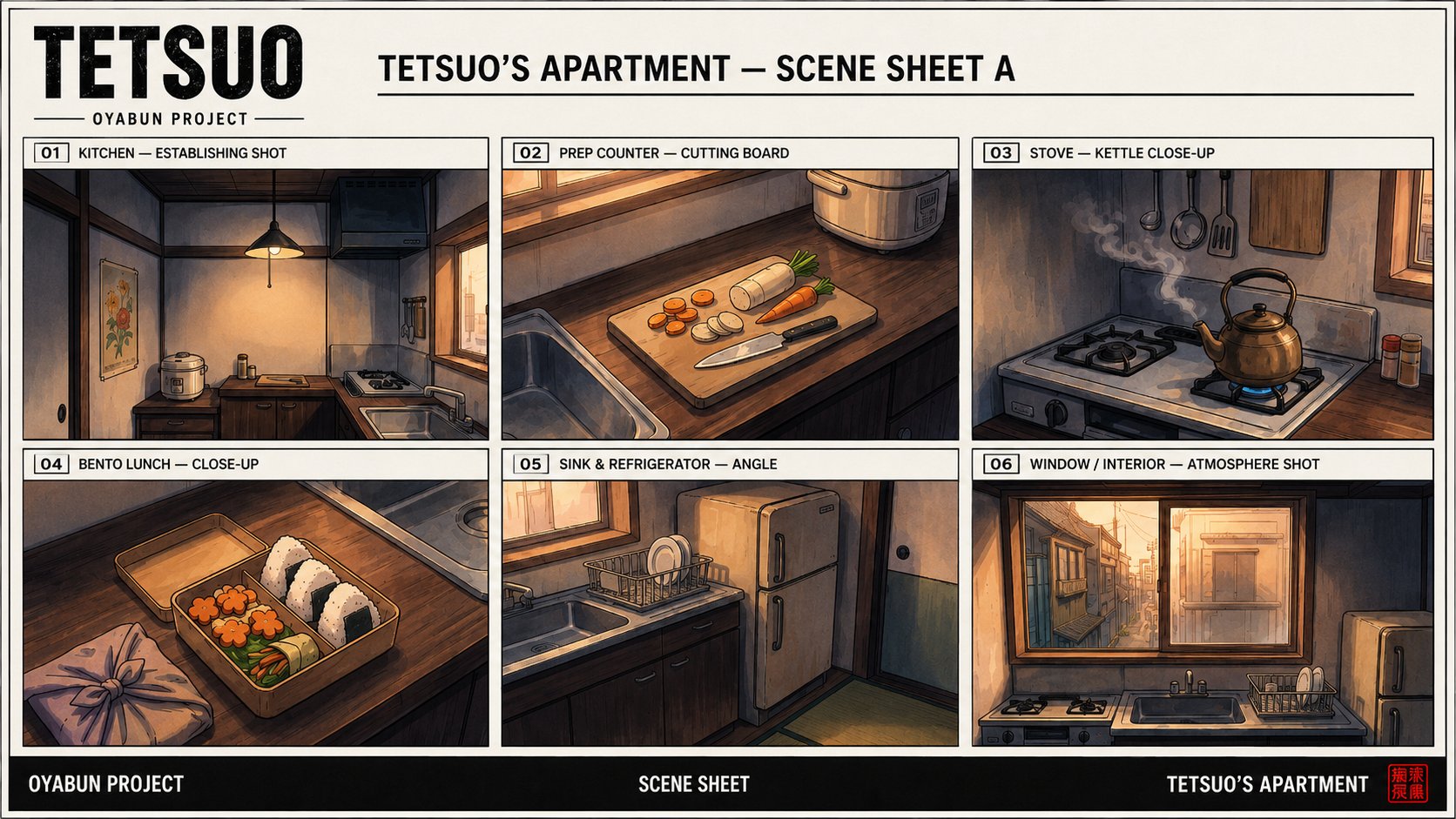 Tetsuo's apartment scene sheet A — kitchen establishing shot, cutting board prep, kettle on the stove, bento lunch, sink and refrigerator, window atmosphere.