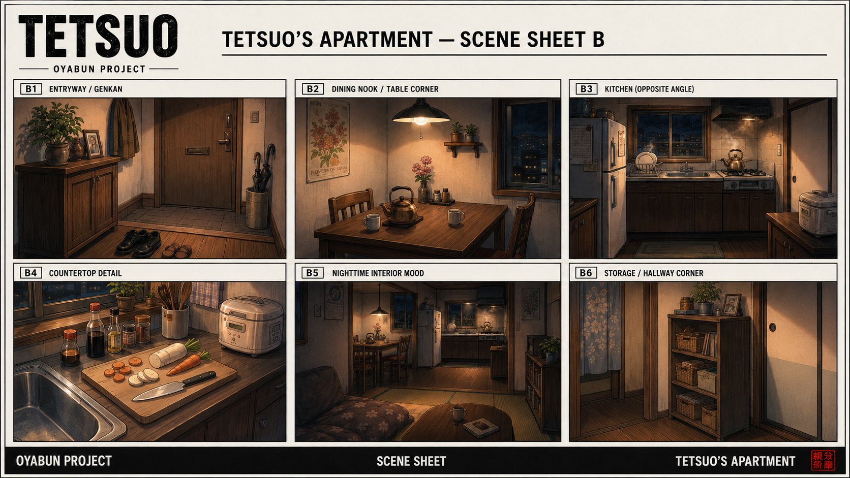 Tetsuo's apartment scene sheet B — entryway genkan, dining nook, kitchen opposite angle, countertop detail, nighttime interior mood, storage corner.