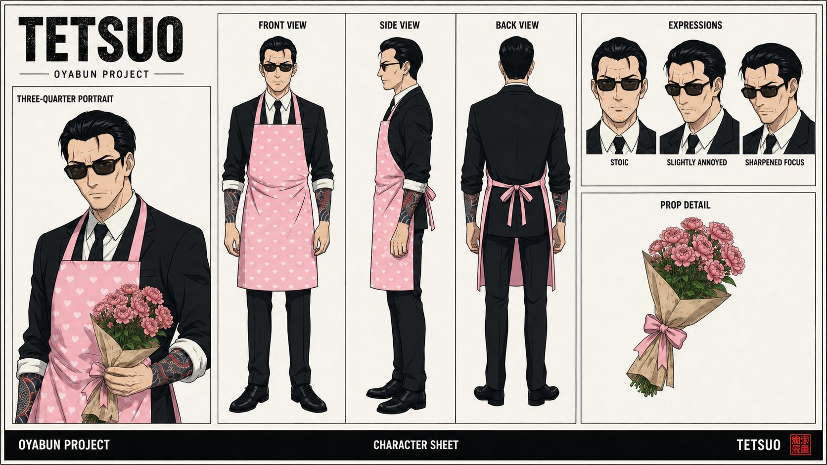 Tetsuo character sheet — the oyabun in black suit and pink heart-pattern apron, front, side, back views, expression studies, and bouquet prop detail.