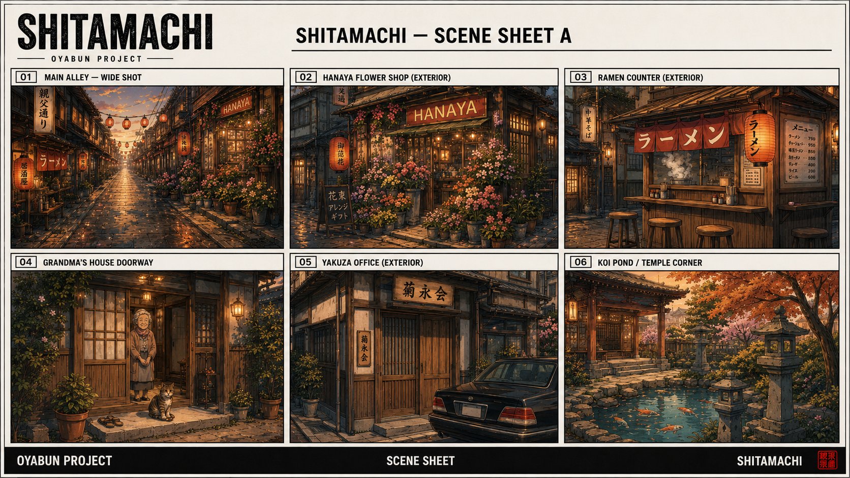 Shitamachi scene sheet A — main alley wide shot, Hanaya flower shop exterior, ramen counter, Grandma's house doorway, yakuza office, koi pond temple corner.