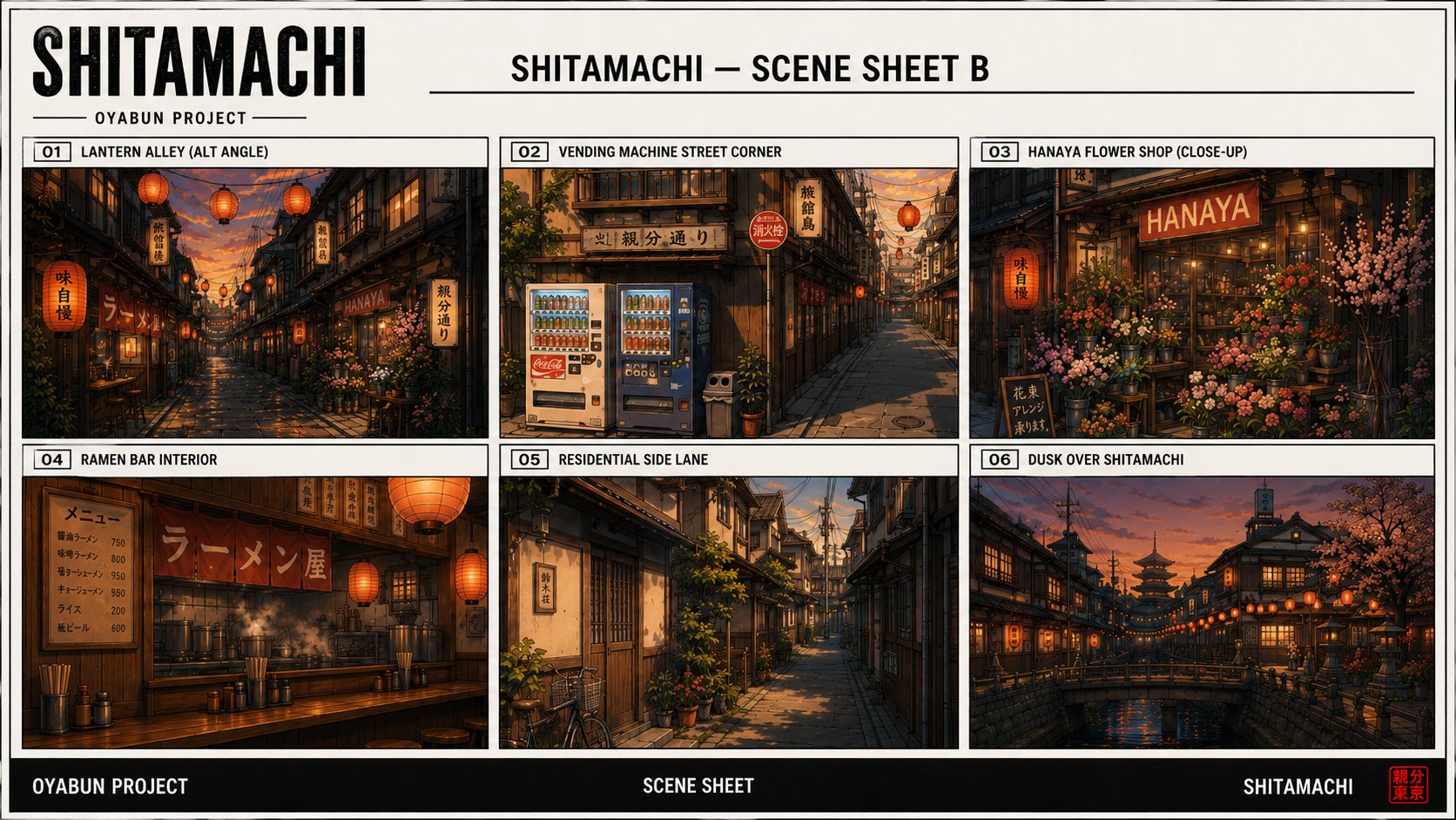 Shitamachi scene sheet B — lantern alley alt angle, vending machine street corner, Hanaya close-up, ramen bar interior, residential side lane, dusk over Shitamachi.