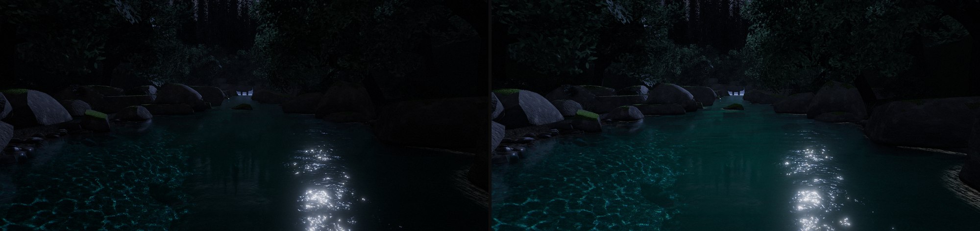 Before and after: the night foreground brought up so it reads under moonlight