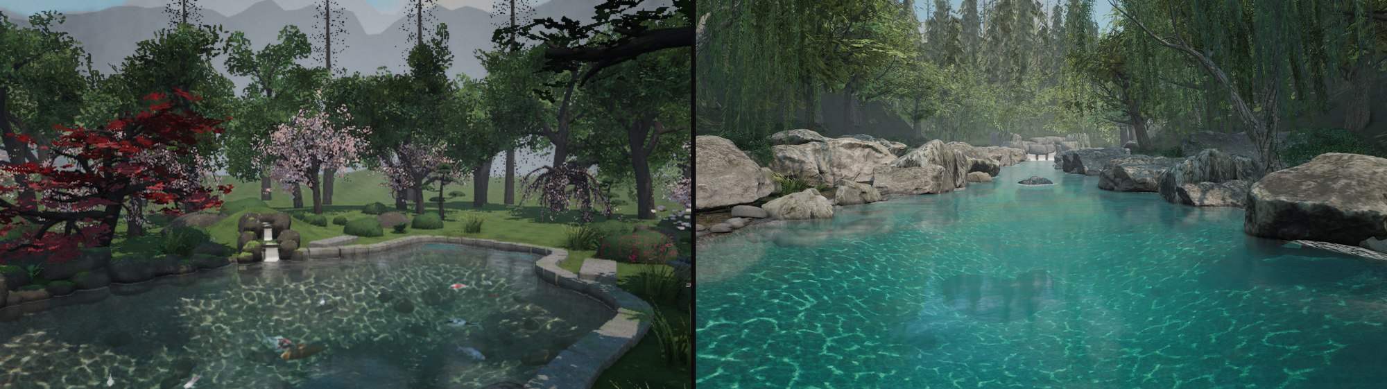 Left: the koi pond phase. Right: the same engine rebuilt as a mountain river.