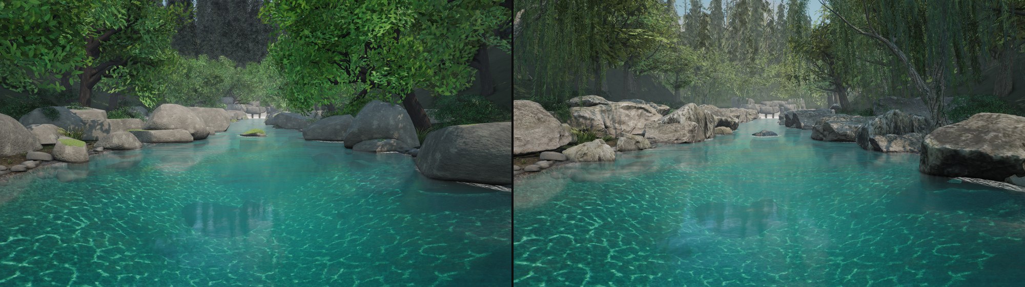 Before and after: the procedural stones and trees replaced by scanned stones, ferns and modeled trees