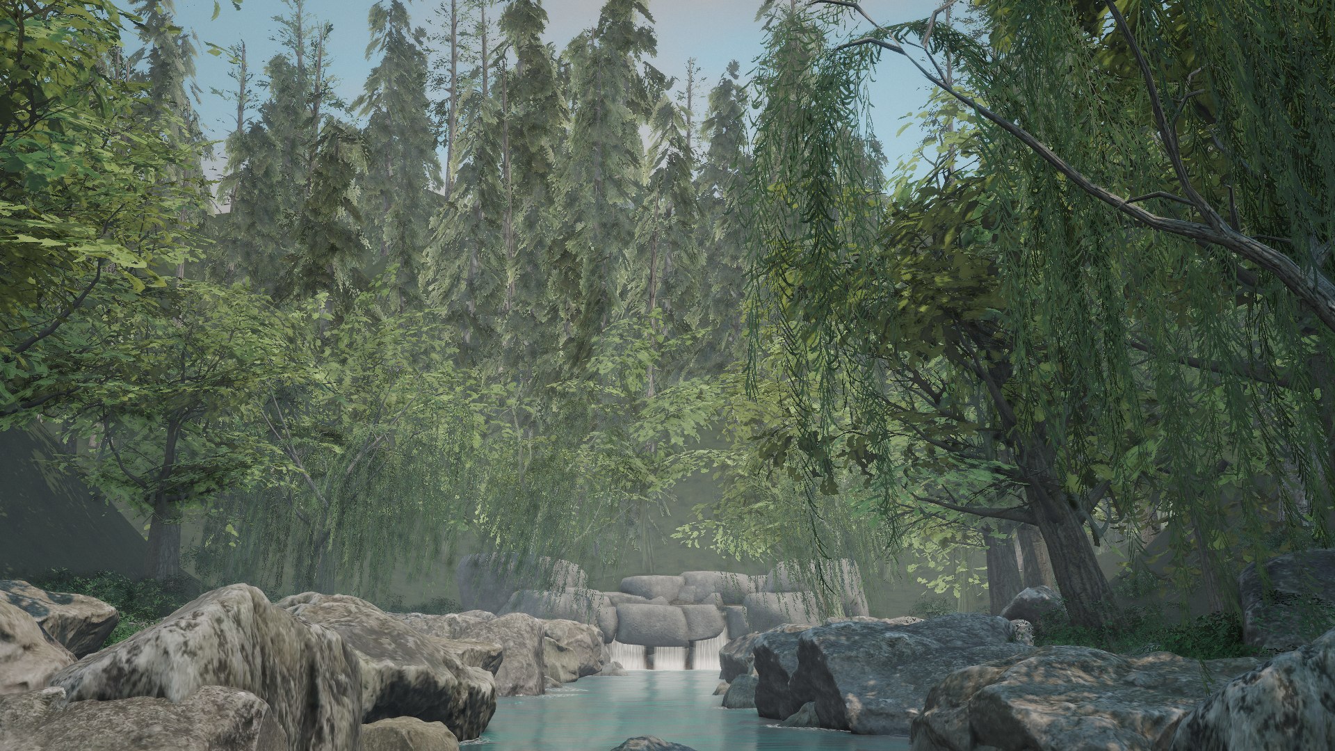 Looking up the valley: tall spruce and weeping willows over the stream and a small waterfall